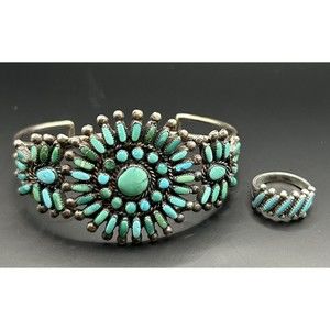 ZUNI STERLING TURQUOISE HANDMADE Vintage Wire BRACELET & RING Set